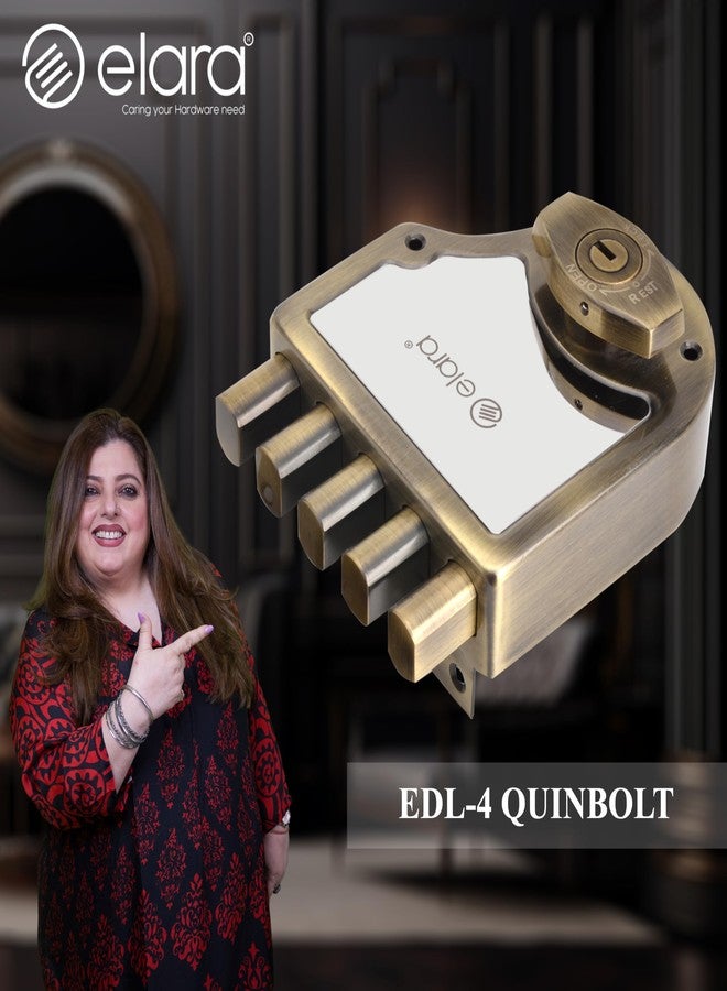 إلارا قفل باب Elara Quinbolt 2CK للباب الرئيسي، مناسب للأبواب ذات الفتحة اليمنى واليسرى، قفل باب خشبي يفتح من الداخل مع 4 مفاتيح نحاسية قابلة للعكس (Anitique، EDL-04، Quinbolt، Ultra Key) - Image 2